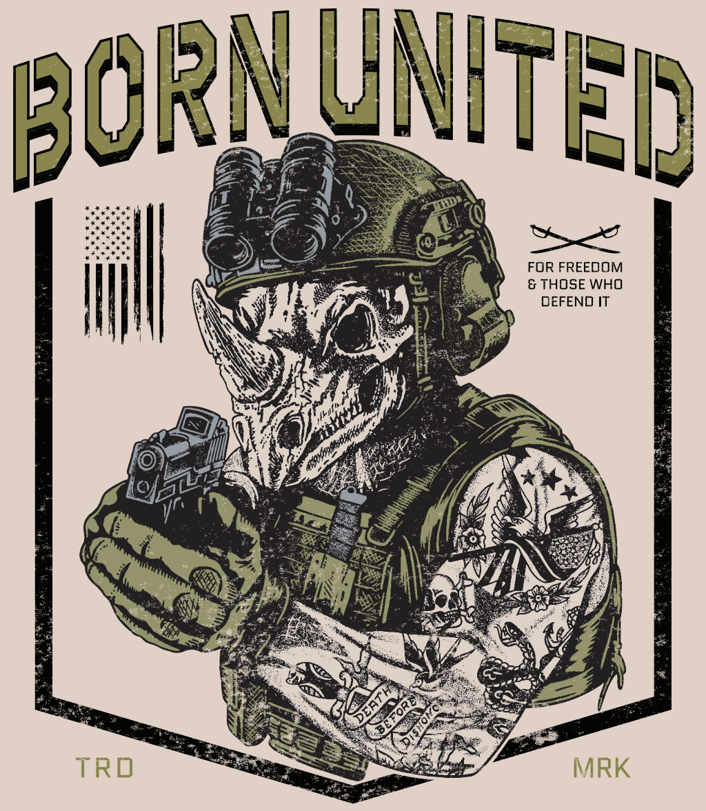 The TacRhino PVC Patch by Born United Private Label features a rhino-headed soldier in tactical gear aiming a handgun, with “BORN UNITED,” “FOR FREEDOM & THOSE WHO DEFEND IT,” an American flag, and crossed rifles displayed.