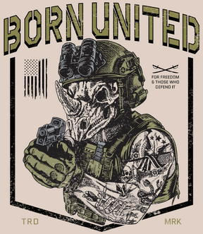 The TacRhino PVC Patch by Born United Private Label features a rhino-headed soldier in tactical gear aiming a handgun, with “BORN UNITED,” “FOR FREEDOM & THOSE WHO DEFEND IT,” an American flag, and crossed rifles displayed.