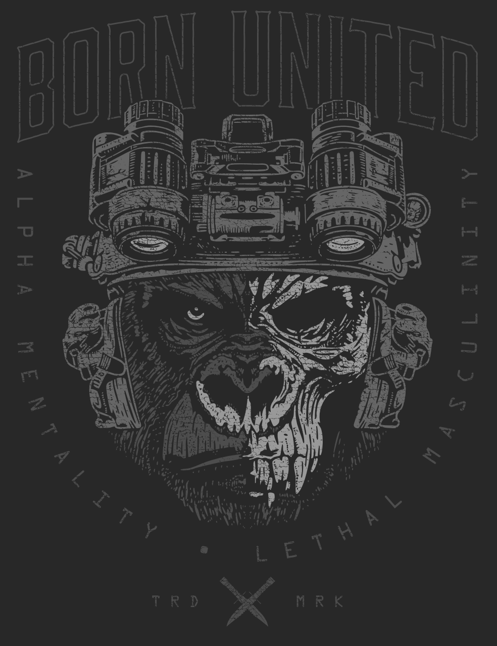 The Alpha Mentality PVC Patch by Born United Private Label features a gorilla in night vision goggles and helmet, half skull face, with "BORN UNITED," "ALPHA MENTALITY," "LETHAL MASCULINITY," "TRD," and "MRK" in the design.