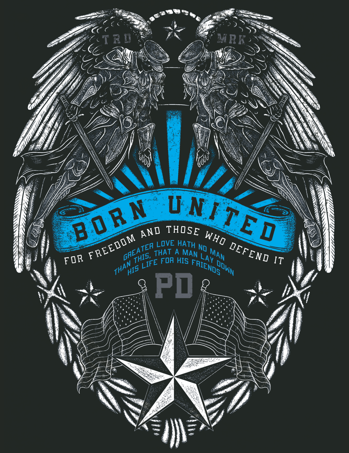 The Back the Badge PVC Patch by Born United Private Label features mirrored winged warriors, swords, shields, “Born United” on a blue ribbon, American flags, a star, “PD,” and a banner: “For freedom and those who defend it.”.