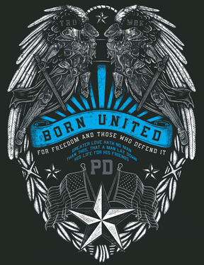 The Back the Badge PVC Patch by Born United Private Label features mirrored winged warriors, swords, shields, “Born United” on a blue ribbon, American flags, a star, “PD,” and a banner: “For freedom and those who defend it.”.