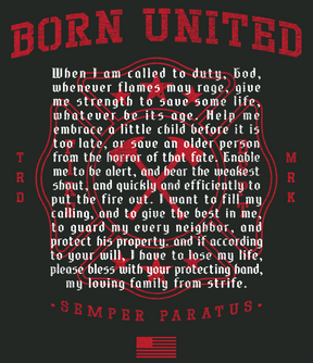 The Born United Private Label Fireman's Prayer PVC Patch features red "BORN UNITED" text above a firefighter's prayer in a red badge outline, "SEMPER PARATUS" above an American flag, and "TRD MRK" on each side.