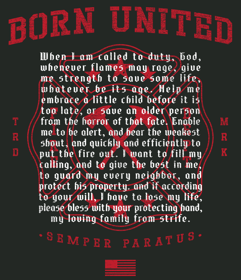 The Born United Private Label Fireman's Prayer PVC Patch features red "BORN UNITED" text above a firefighter's prayer in a red badge outline, "SEMPER PARATUS" above an American flag, and "TRD MRK" on each side.