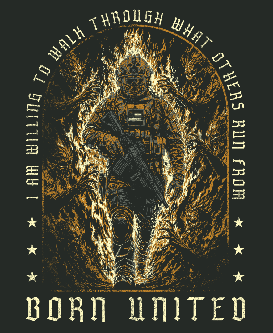 Clad in tactical gear, a soldier strides through flames beneath the words “I am willing to walk through what others run from,” with “Born United” encircling the image. The Walking Through Fire PVC Patch by Born United Private Label is a bold 3-inch 3D patch featuring a durable Velcro backing—making a powerful statement wherever it’s displayed.