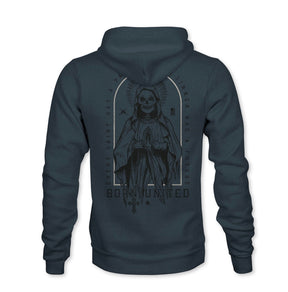 The Saints and Sinners Hoodie - Zero Dark Edition by Born United Private Label features a graphic of a haloed skeletal figure praying, with Every Saint Has a Past, Every Sinner Has a Future text around the image.