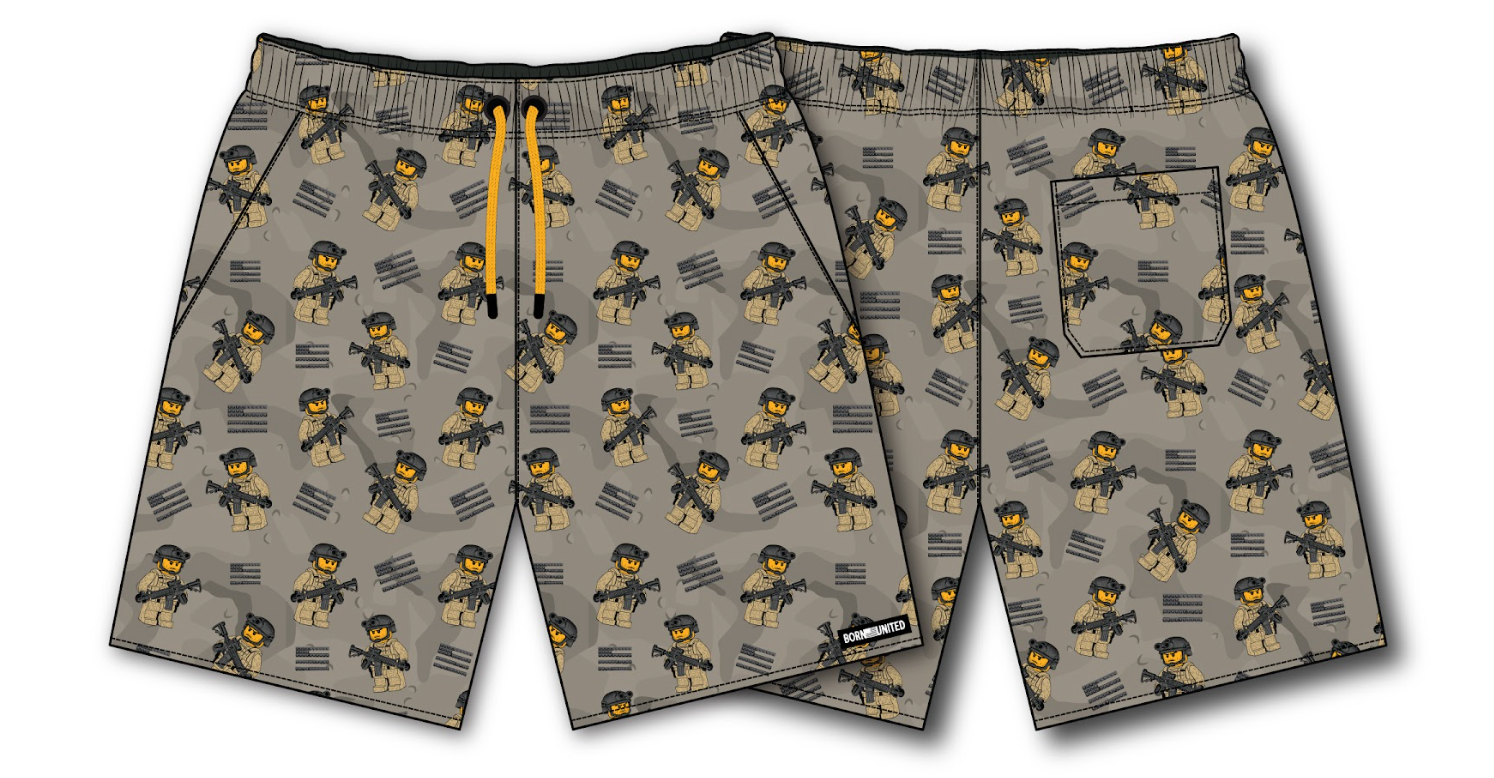 The Born United Private Label Men's Performance Hybrid Shorts 5.5" | Brick Operator feature a gray design with martial artists in black and tan, yellow accents, a yellow drawstring waist, black & white stripes, and quick-drying fabric for tactical comfort.