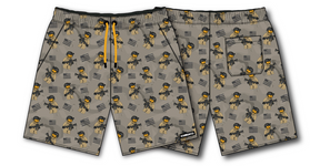 The Born United Private Label Men's Performance Hybrid Shorts 5.5" | Brick Operator feature a gray design with martial artists in black and tan, yellow accents, a yellow drawstring waist, black & white stripes, and quick-drying fabric for tactical comfort.