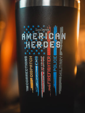 Show your pride with the Born United Private Label American Heroes Tumbler - 20oz, featuring a distressed flag and colored stripes for Corrections, Dispatch, Nurse, Firefighter, Police, and Military. Celebrate real heroes in style!.