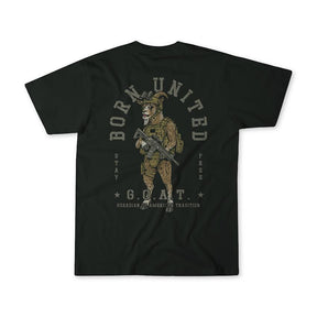 The Born United Private Label G.O.A.T. T-shirt features a striking graphic of an armed goat in military gear, surrounded by the phrases "Born United," "Stay Free," and "G.O.A.T. Guardian of American Tradition." This bold black tee is the perfect patriotic shirt for anyone proud to honor American tradition.