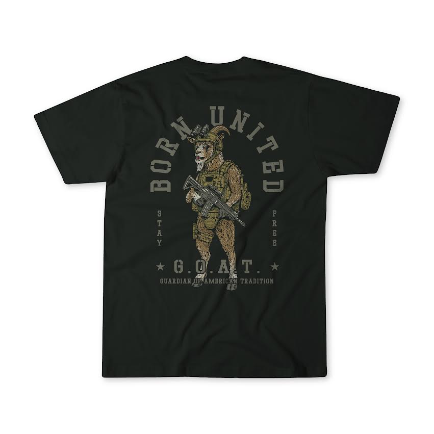 The Born United Private Label G.O.A.T. T-shirt features a striking graphic of an armed goat in military gear, surrounded by the phrases "Born United," "Stay Free," and "G.O.A.T. Guardian of American Tradition." This bold black tee is the perfect patriotic shirt for anyone proud to honor American tradition.