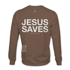 The 13th Jesus Saves Crewneck is a brown sweatshirt featuring large white "JESUS SAVES" text on the back, smaller "thirteenth" text below, and a Bible verse reference "3:16" with extra small text on the lower left.