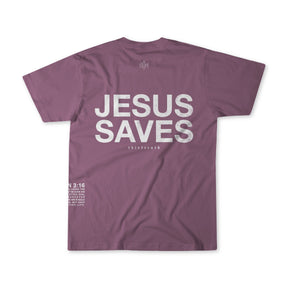 The Jesus Saves Berry Tee by 13th is a mauve shirt featuring bold white “JESUS SAVES” text on the back and John 3:16 in smaller print at the lower left.