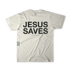 The Youth Jesus Saves Tee by 13th features large bold black text on the back and John 3:16 on the lower left—a faith-inspired beige shirt that adds spiritual confidence to any outfit.