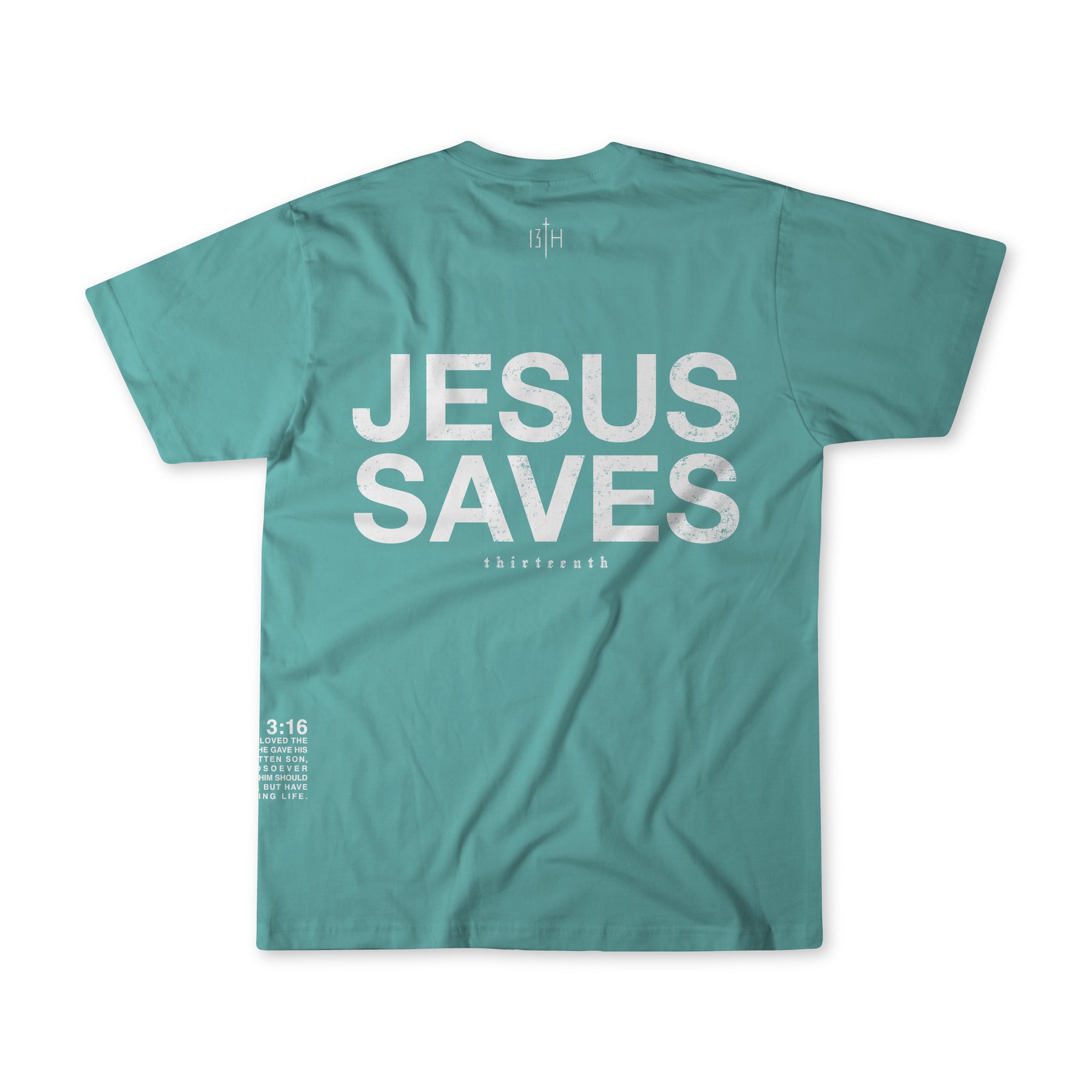 The 13th Youth Jesus Saves Seafoam Tee features bold white "JESUS SAVES" text on the back and smaller "thisistruth" messaging with extra accents in the lower left, making this Christian tee a standout for youth.