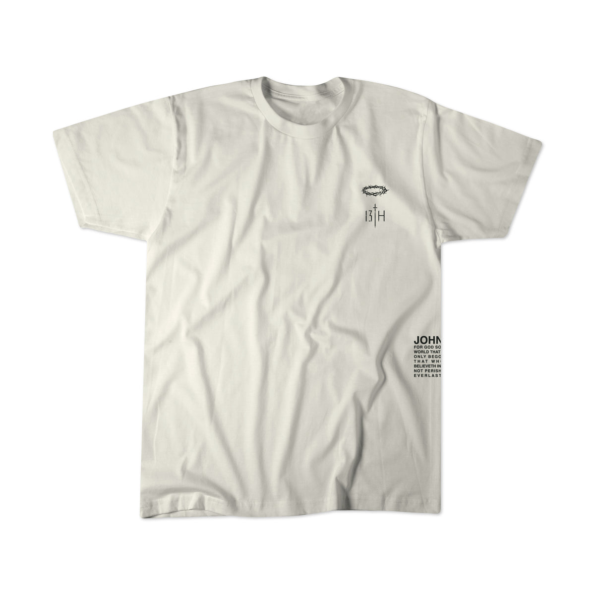 The 13th Youth Jesus Saves Tee is a plain white shirt featuring a small black graphic and text on the left chest, plus black text near the hem. This faith-inspired style adds spiritual confidence to any look. Shirt shown flat on a white background.