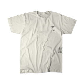 The 13th Youth Jesus Saves Tee is a plain white shirt featuring a small black graphic and text on the left chest, plus black text near the hem. This faith-inspired style adds spiritual confidence to any look. Shirt shown flat on a white background.