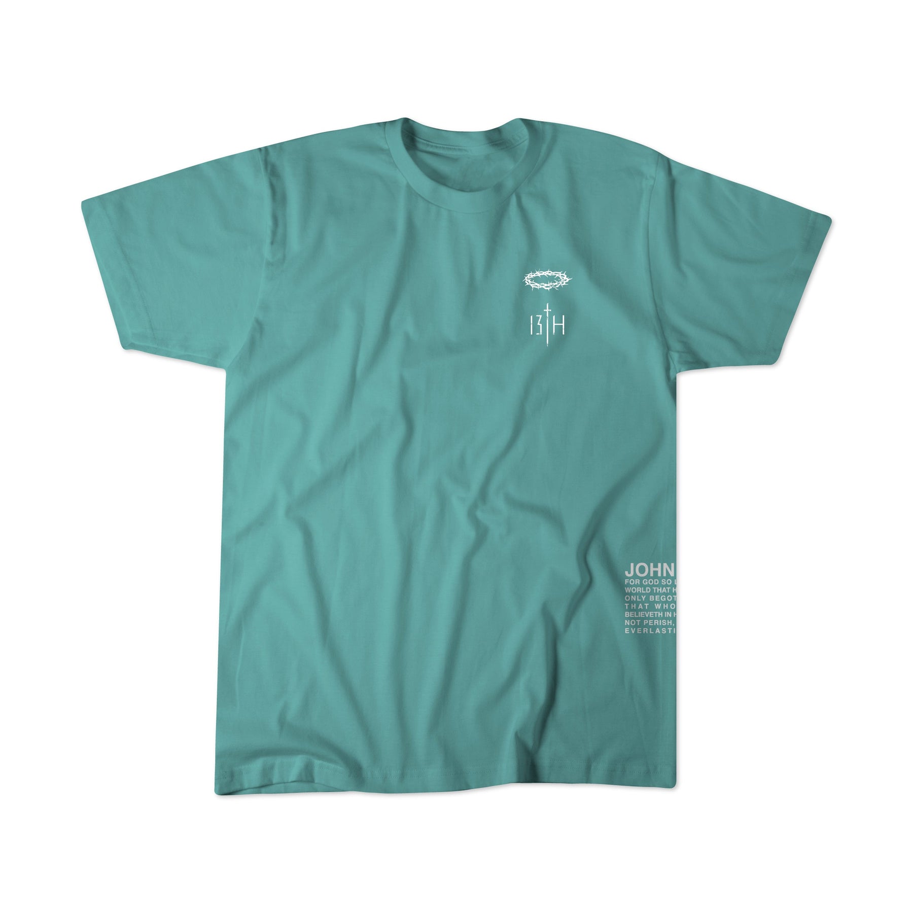 The 13th Jesus Saves Premium Tee in seafoam features small white text and graphics on the left chest and a vertical John 3:16 Bible verse at the lower right—an ideal Christian gift, shown on a white background.