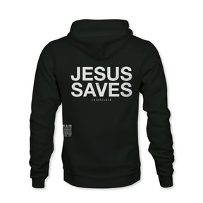 The Jesus Saves Hoodie by 13th is black with “JESUS SAVES” in large white letters on the back, smaller white text underneath, and a John 3:16 Bible verse reference near the lower left side.