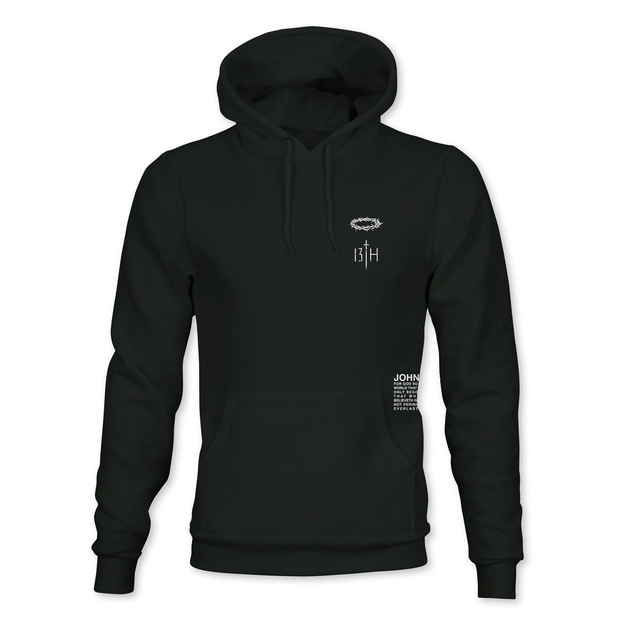 The 13th Jesus Saves Hoodie is a black sweatshirt featuring a small white crown of thorns and "13TH" graphic on the left chest, plus a white text label above the lower right pocket.