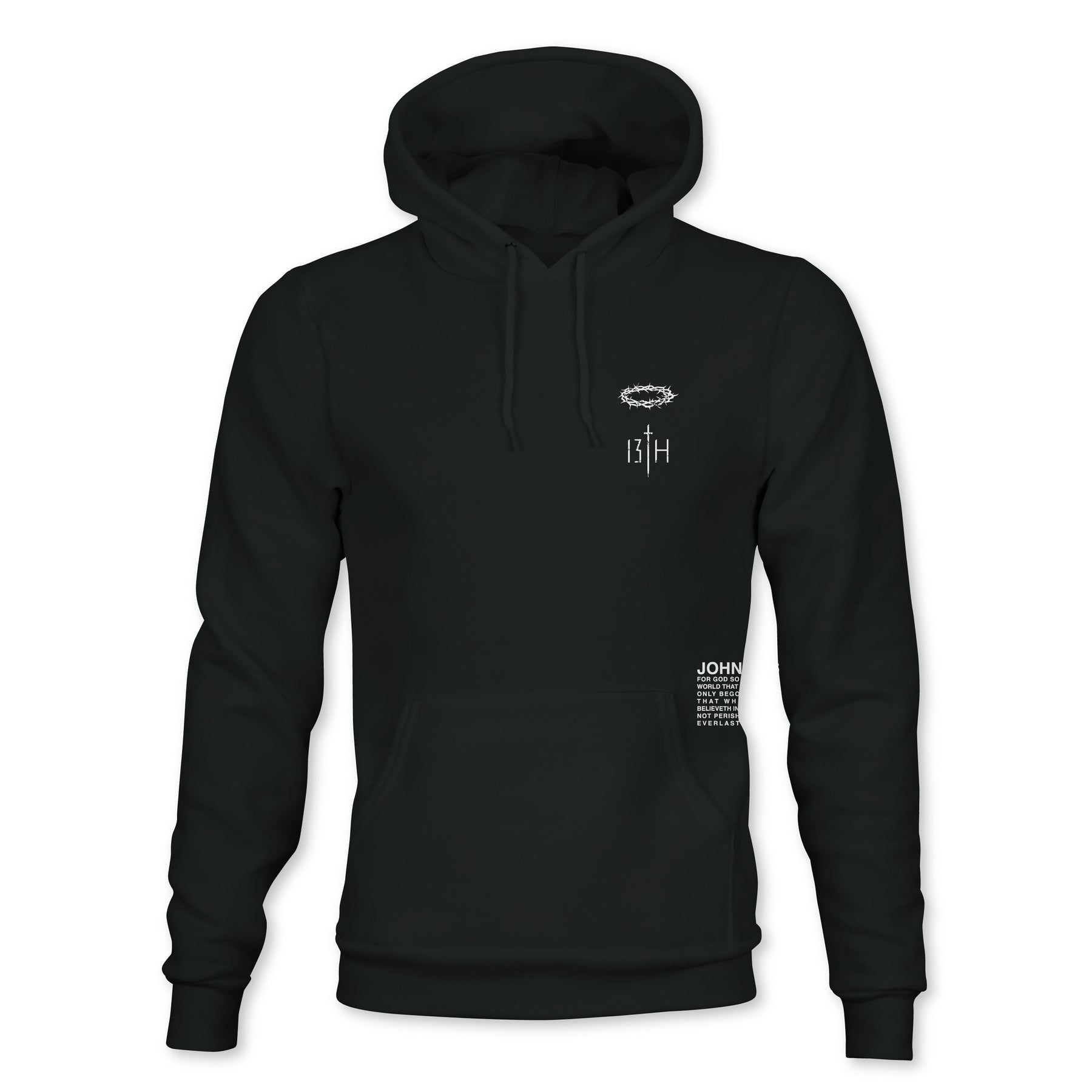 The 13th Jesus Saves Hoodie is a black sweatshirt featuring a small white crown of thorns and "13TH" graphic on the left chest, plus a white text label above the lower right pocket.