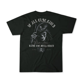The Raise the Jolly Roger T-Shirt by Relentless Betrayal showcases a pirate skeleton wielding a sword on the back, highlighted by bold lettering that proclaims "If all else fails raise the Jolly Roger," alongside intricate decorative script and a small pirate flag. This unisex ocean-inspired tee is an ideal addition to any collection for those who embrace their inner pirate.