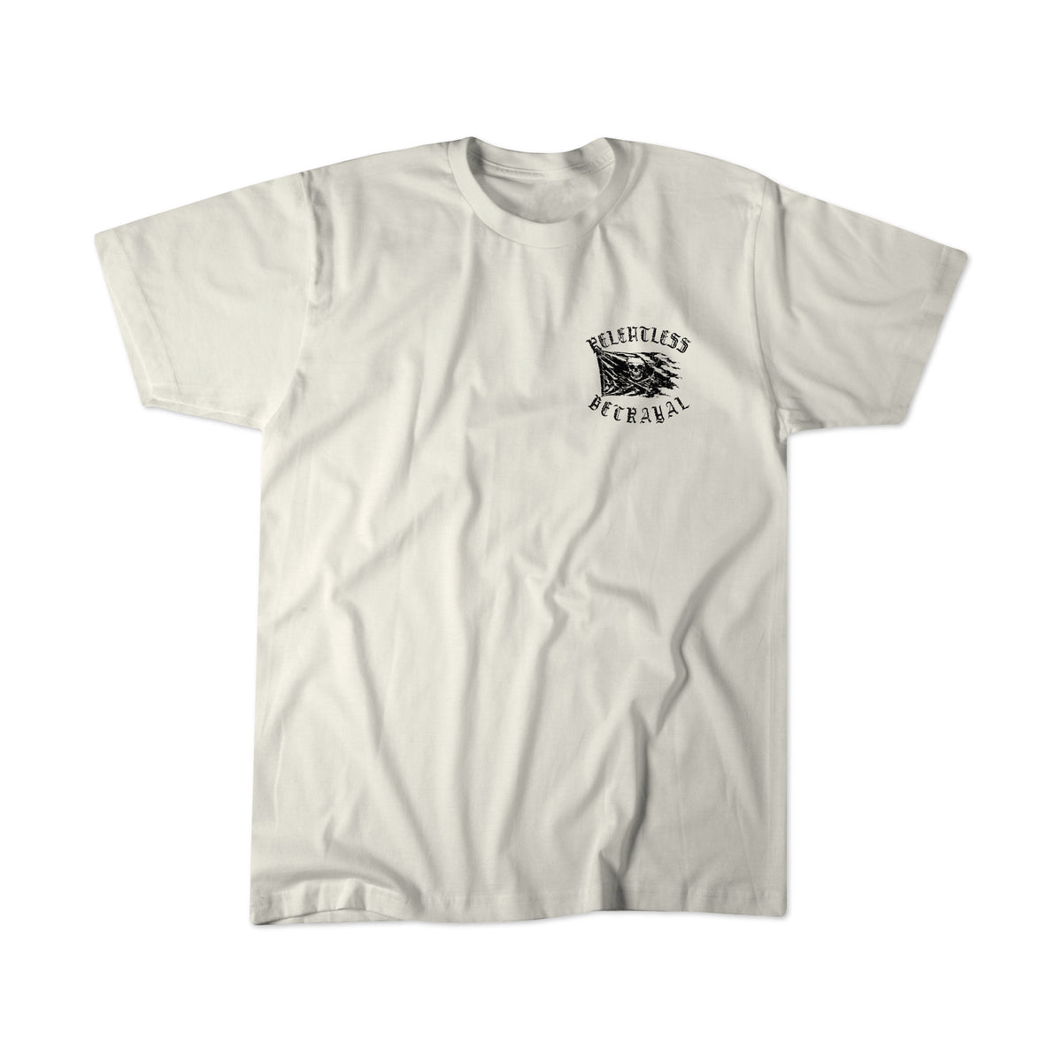 Raise the Jolly Roger Bone T-Shirt by Relentless Betrayal is a white unisex tee featuring a small black graphic and the text "RELENTLESS BETRAYAL" on the left chest area, displayed on a plain background.