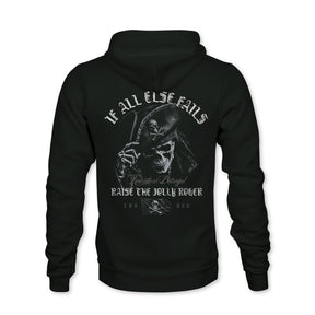 The Relentless Betrayal “Raise the Jolly Roger Hoodie” is a black unisex hoodie featuring a pirate skeleton with a sword, and bold white text on the back that reads “If all else fails, raise the Jolly Roger”—perfect for fans of striking pirate streetwear.
