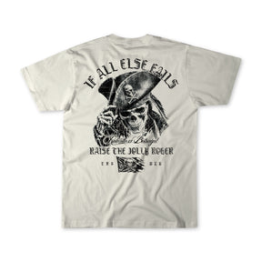 The Raise the Jolly Roger Bone T-Shirt by Relentless Betrayal is a beige unisex tee featuring a black skeleton pirate illustration raising a hat and “If all else fails, raise the Jolly Roger” text on the back, blending vintage nautical style with playful flair.