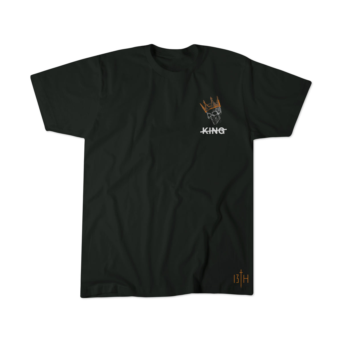 The 13th King of Nothing Premium Tee is a black cotton shirt with a small skull wearing an orange crown and “KING” on the upper left chest, plus “13TH” in orange near the bottom right hem—offering a unique spiritual vibe.