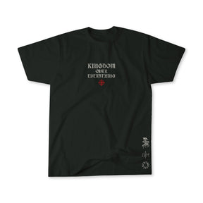 The Kingdom Over Everything Premium Tee by 13th features KINGDOM OVER EVERYTHING in white gothic font, a red cross below the text, small white graphics, and “13/4” near the lower right hem, inspired by Matthew 6:33.