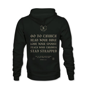 Back view of a black Kingdom Protector Premium Hoodie featuring the text Go to church, read your bible, love your spouse, teach your children, stay strapped and Joshua 24:15 in vintage font.