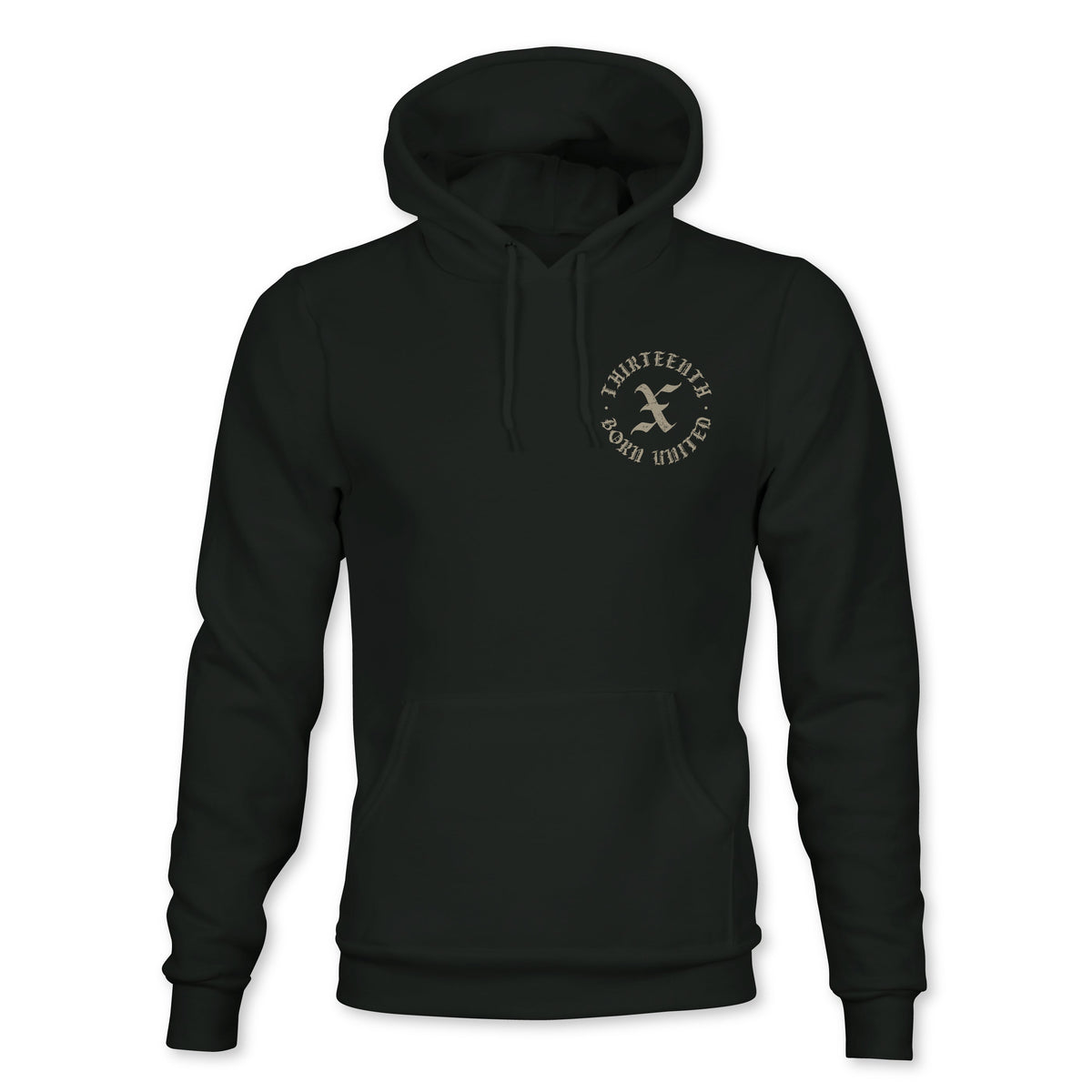 Black Kingdom Protector Premium Hoodie featuring a circular THIRTEENTH BORN UNITED crest on the left chest, perfect for those who choose to serve the Lord.