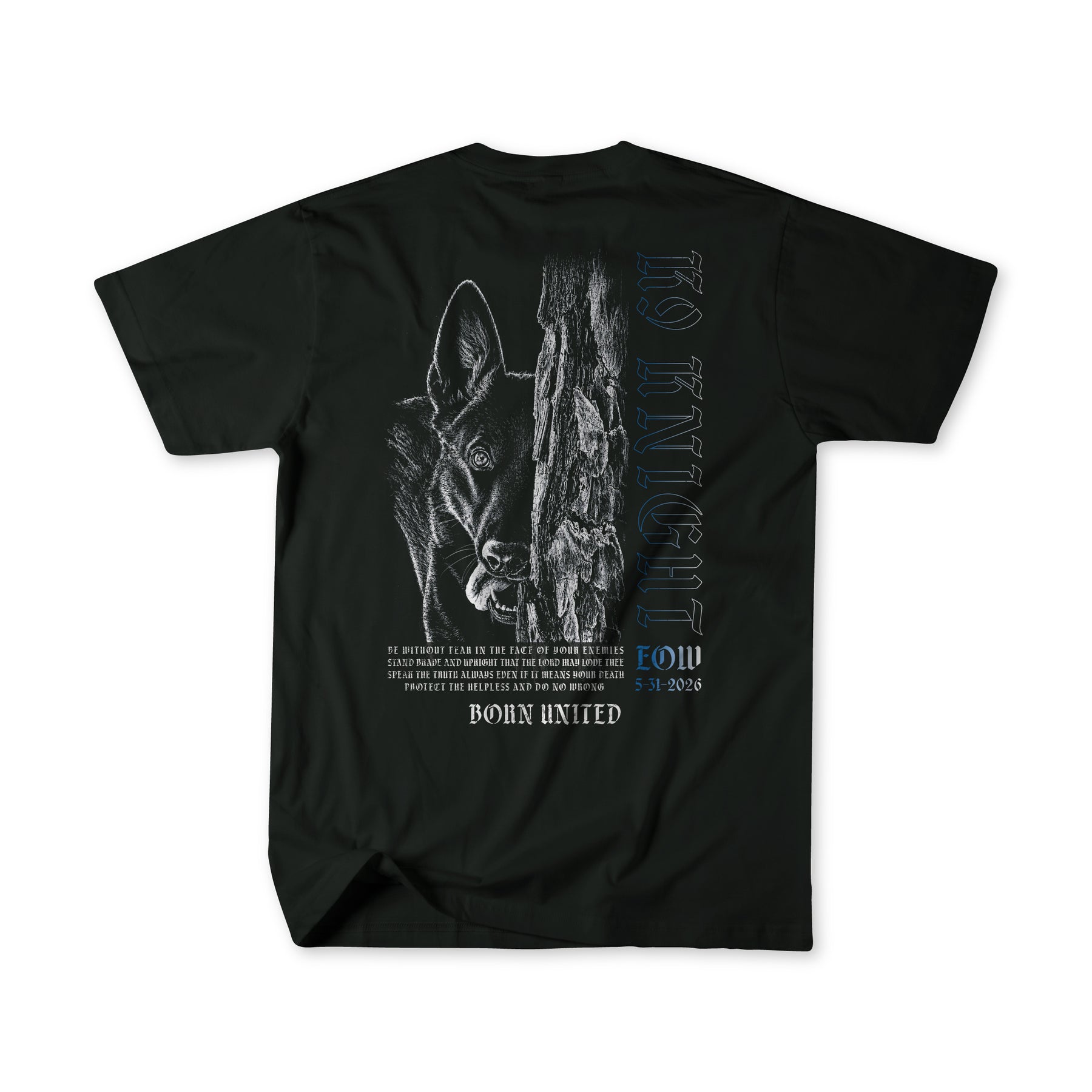 The Knight Watch Black T-shirt by Born United Private Label features a white wolf sketch behind a tree on the back, with blue and white "IS ENOUGH, BORN UNITED" text inspired by the K9 Knight memorial and Chesterfield County Police.