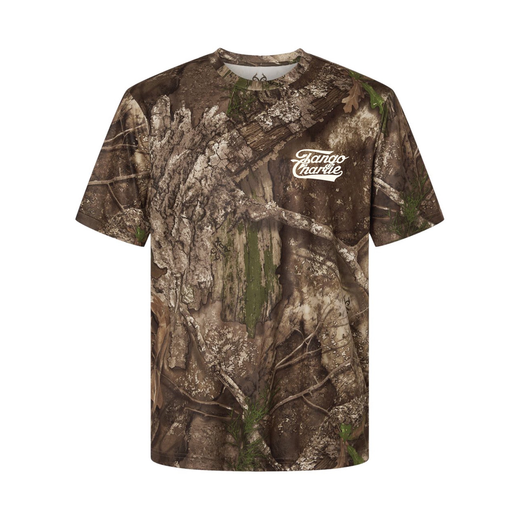 The Lift Heavy. Trust God. - Realtree Premium Camo Tee by Tango Charlie Apparel is a short-sleeve T-shirt with a brown and green camo pattern, featuring "Tango Charlie" in white script on the left chest.