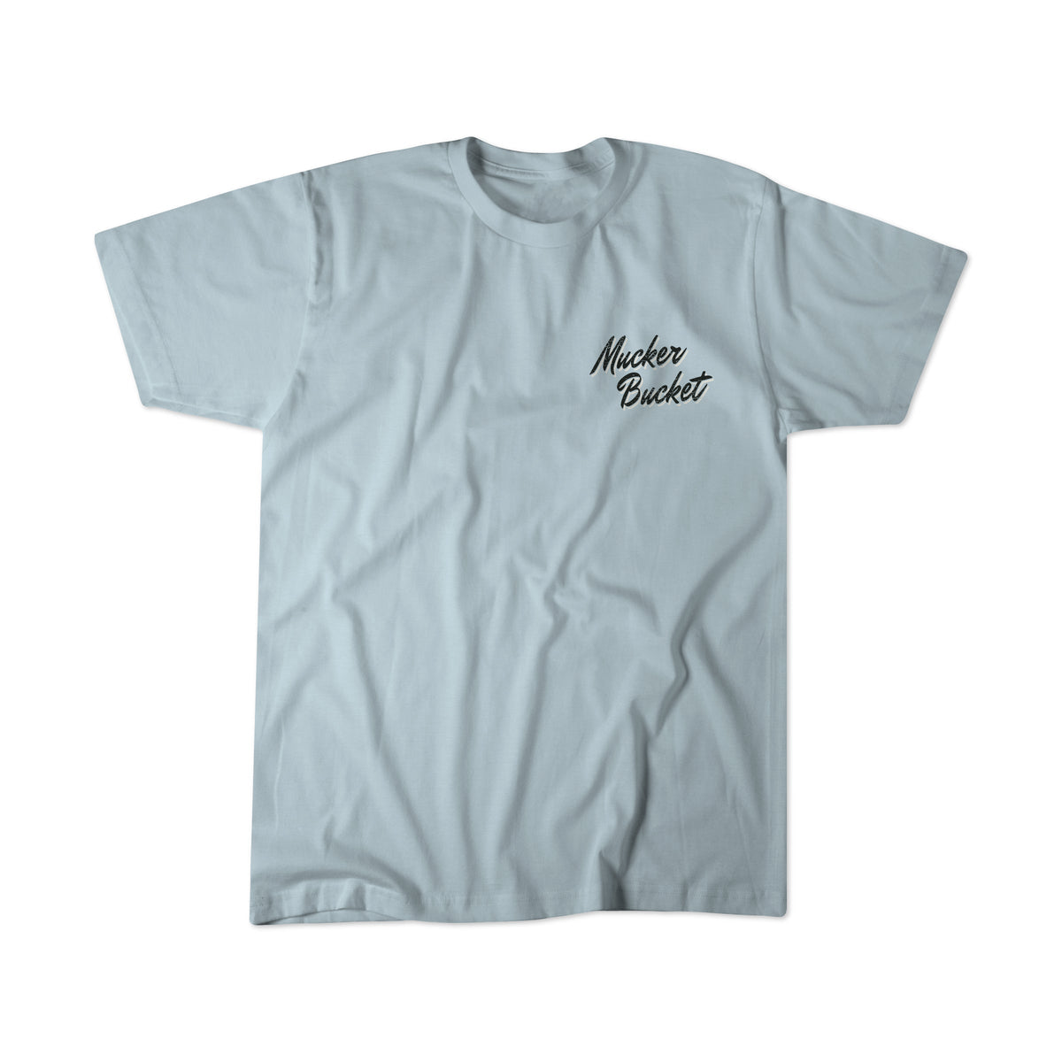The Mucker Bucket Lab Truck Premium Tee is a light gray, short-sleeve shirt featuring the brand name printed in black script on the left chest. Crafted from garment dyed cotton for a premium, relaxed fit, this tee is displayed flat against a white background.