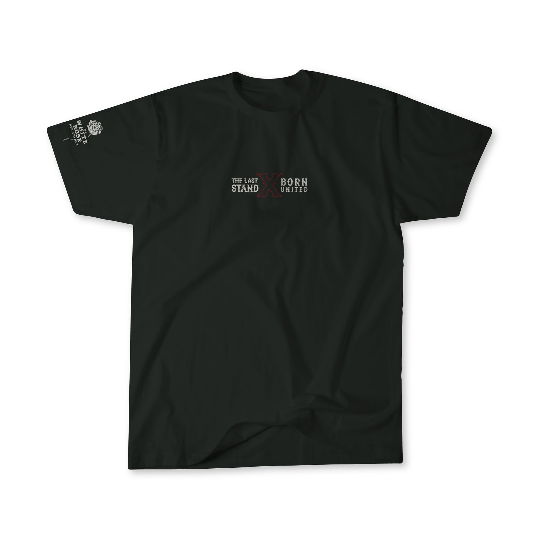 The Last Stand tee by Born United Private Label features small white and red “THE LAST STAND X BORN UNITED” text on the chest and a white logo on the right sleeve. This limited edition collab is shown on a plain white background.