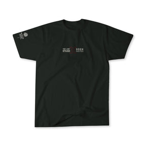 The Last Stand tee by Born United Private Label features small white and red “THE LAST STAND X BORN UNITED” text on the chest and a white logo on the right sleeve. This limited edition collab is shown on a plain white background.