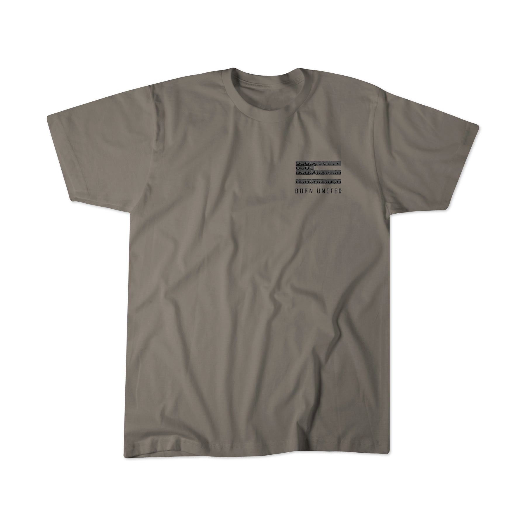 The Youth Brick Operator by Born United Private Label is a plain gray short-sleeve t-shirt featuring a small black graphic and "BORN UNITED" text beneath stacked horizontal lines on the left chest.