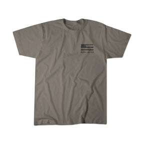 The Youth Brick Operator by Born United Private Label is a plain gray short-sleeve t-shirt featuring a small black graphic and "BORN UNITED" text beneath stacked horizontal lines on the left chest.