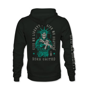 The Born United Private Label Liberty Or Death Hoodie showcases a skeletal Statue of Liberty with a rifle, "Give Me Liberty or Give Me Death" above, Born United below, and "Give Me Liberty" in bold on the right sleeve.