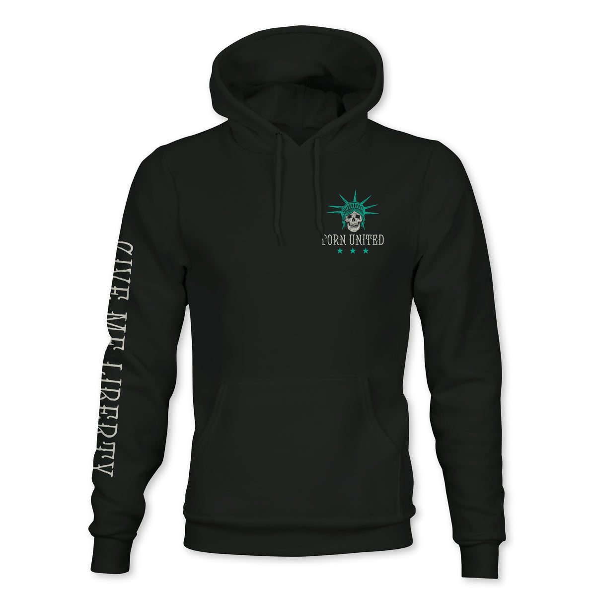 The Born United Private Label Liberty Or Death Hoodie features a black design with a front pocket, teal Statue of Liberty head and “TORN UNITED” on the chest, plus “GIVE ME LIBERTY” in bold white print along the right sleeve.