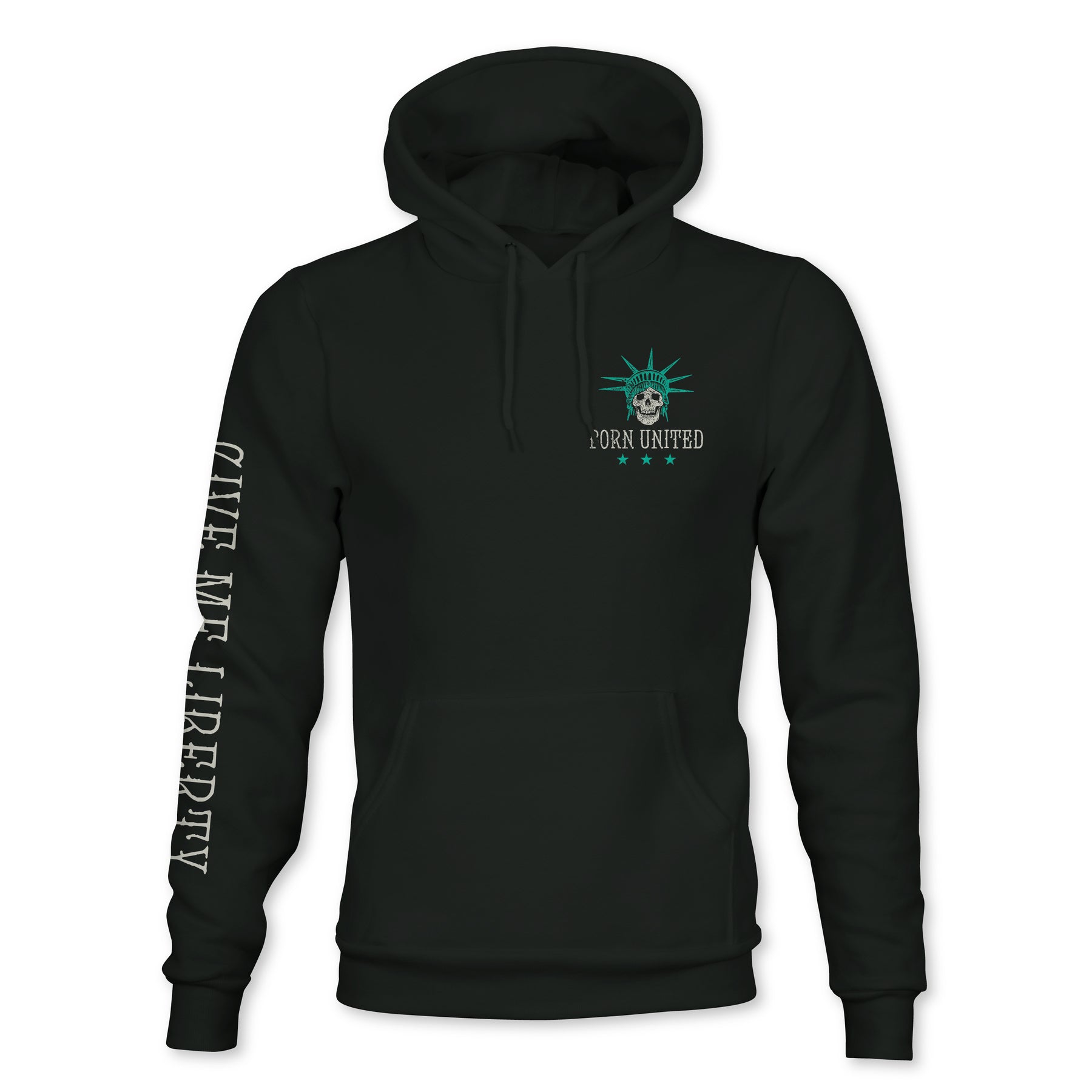 The Born United Private Label Liberty Or Death Hoodie features a black design with a front pocket, teal Statue of Liberty head and “TORN UNITED” on the chest, plus “GIVE ME LIBERTY” in bold white print along the right sleeve.