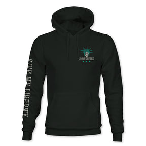 The Born United Private Label Liberty Or Death Hoodie features a black design with a front pocket, teal Statue of Liberty head and “TORN UNITED” on the chest, plus “GIVE ME LIBERTY” in bold white print along the right sleeve.