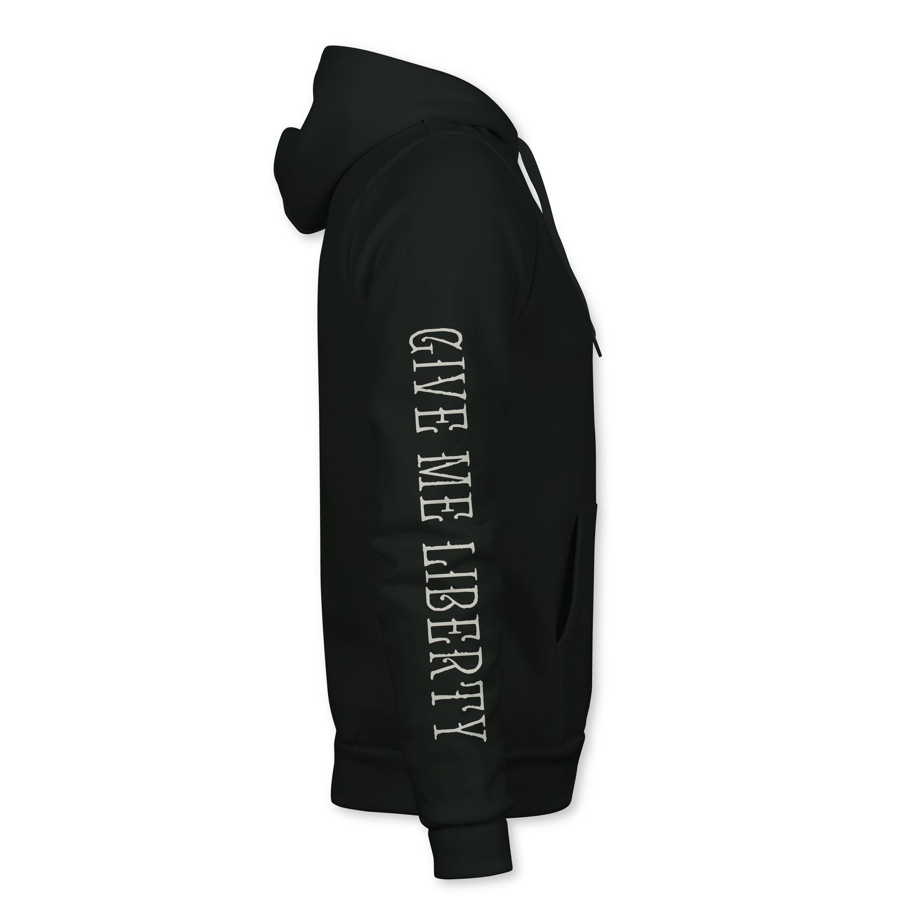 The Liberty Or Death Hoodie by Born United Private Label is a black hoodie with front pockets and a hood, featuring the iconic phrase "GIVE ME LIBERTY" in bold white letters running vertically down the sleeve, inspired by a historic speech.