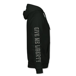The Liberty Or Death Hoodie by Born United Private Label is a black hoodie with front pockets and a hood, featuring the iconic phrase "GIVE ME LIBERTY" in bold white letters running vertically down the sleeve, inspired by a historic speech.