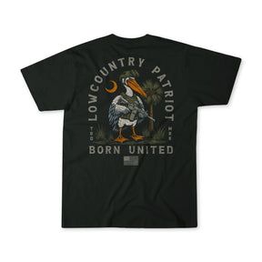 Celebrate your Lowcountry pride with the Lowcountry Patriot t-shirt from Born United Private Label—this black tee showcases a pelican holding a palmetto branch, a crescent moon, and palm tree graphics, plus “Lowcountry Patriot” and “Born United” text alongside a small American flag motif.