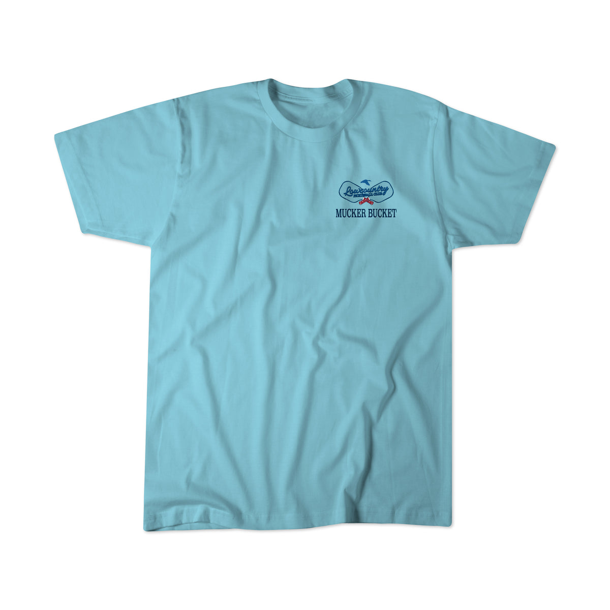 Light blue Youth Pickleball Retriever Premium Tee by Mucker Bucket, featuring a small crossed paddle graphic and “Mucker Bucket” text on the left chest, displayed flat on a white background.