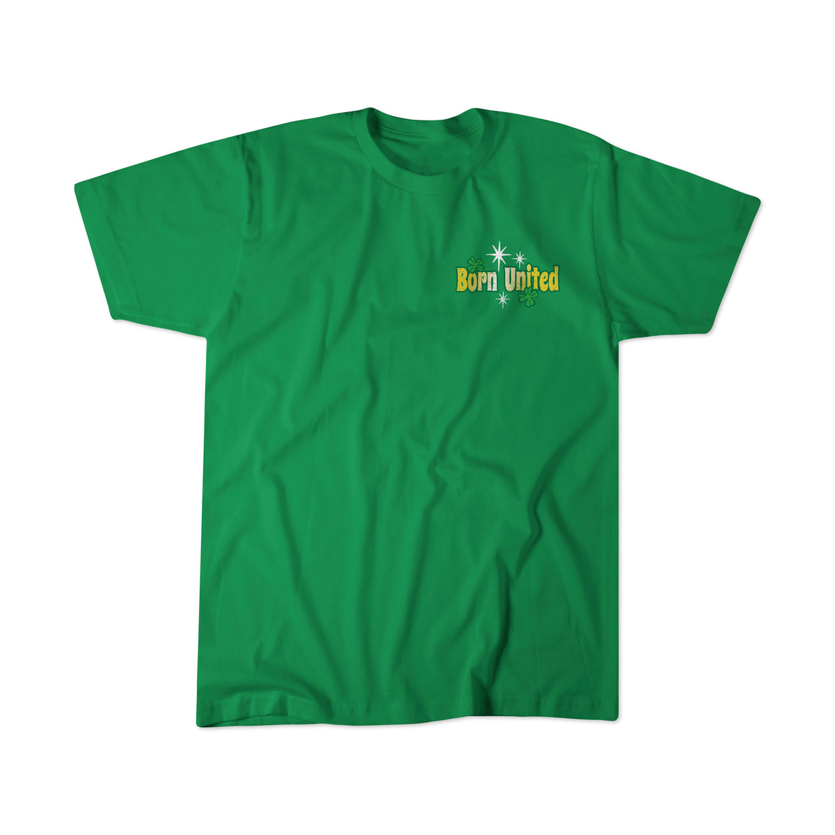 The Feelin' Lucky tee by Born United Private Label is a green short-sleeve shirt with a small graphic and star designs on the upper left chest—streetwear style, perfect for St. Patrick's Day. Shown on a white background.