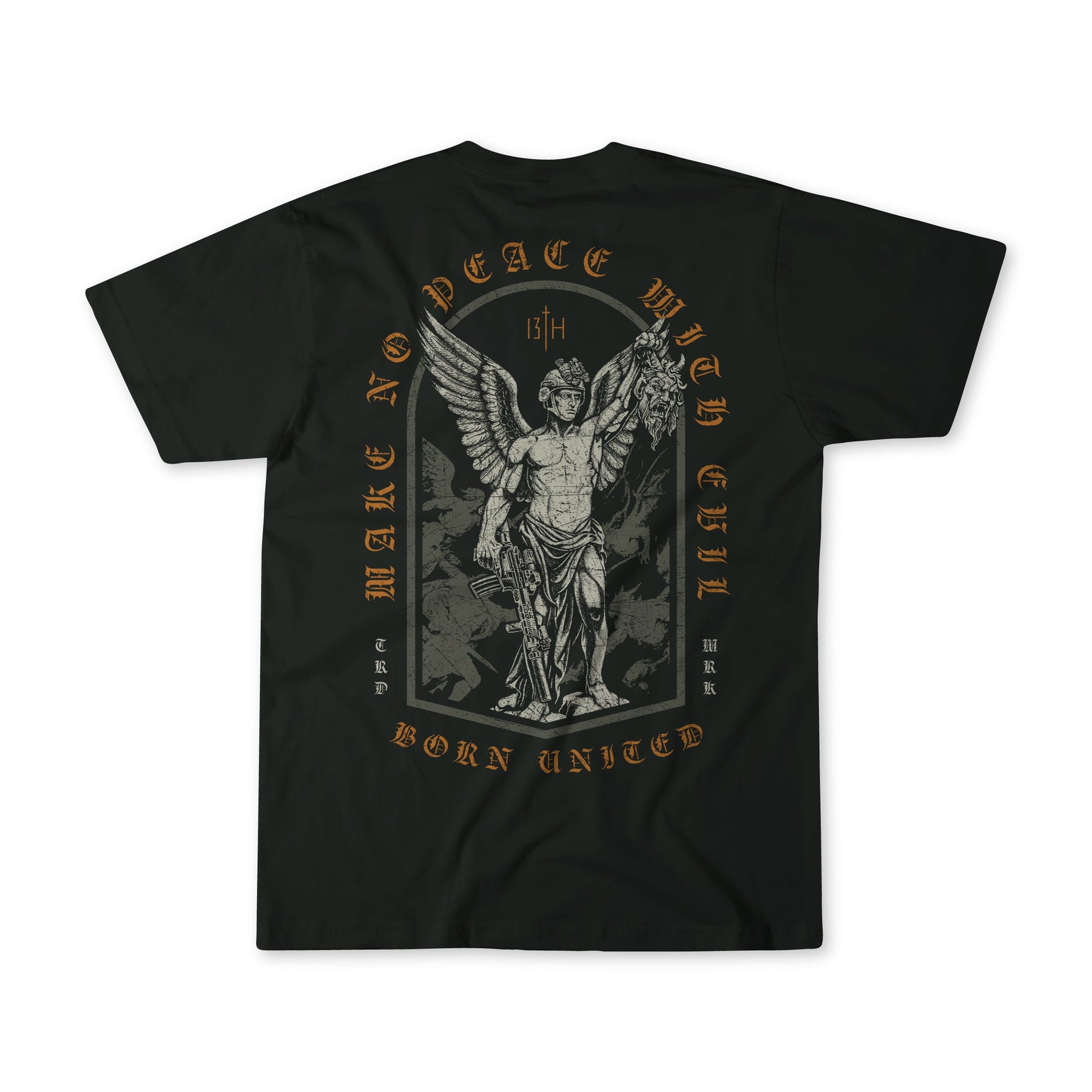 The Make No Peace Premium Tee by 13th showcases a detailed armored angel design with sword and shield, plus bold gold text: MAKE NO PEACE WITH EVIL and BORN UNITED. Made from premium cotton for comfort and style.