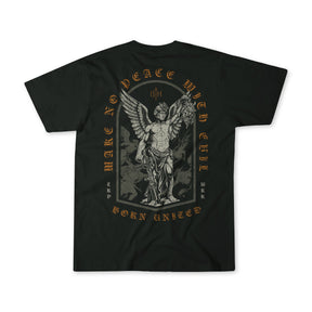The Make No Peace Premium Tee by 13th showcases a detailed armored angel design with sword and shield, plus bold gold text: MAKE NO PEACE WITH EVIL and BORN UNITED. Made from premium cotton for comfort and style.